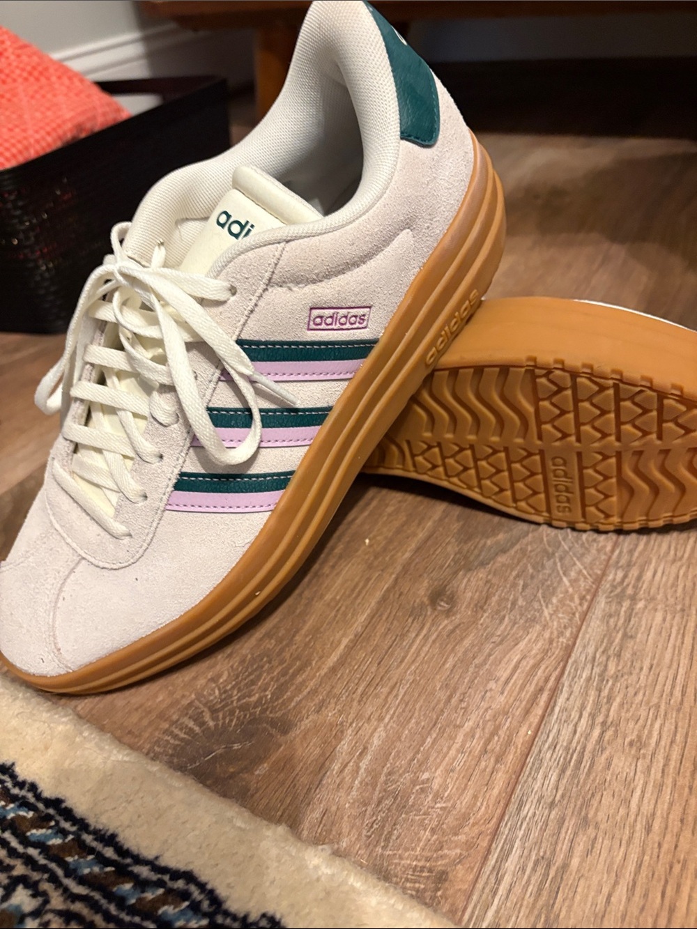 adidas Women's Off-White Suede Sneakers with Pink and Teal Stripes and Gum Sole - Picture 5 of 5
